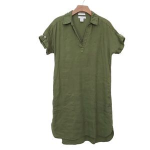 H by Halston Linen Shirt Dress Womens Medium Green Short Sleeve V-Neck High Low